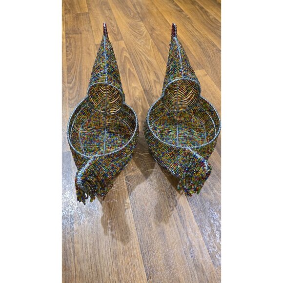 Set Of 2 Handmade Beaded Wire Chicken Baskets For Decor Or Storage - Picture 5 of 12